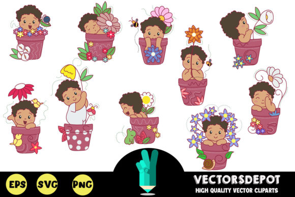 Cute African American Flower Pot Babies Graphics